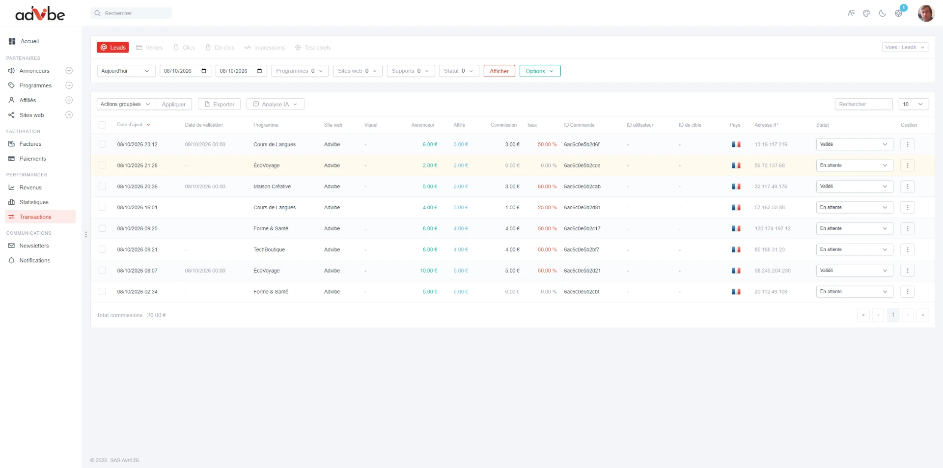 Capture de la démo : liste des transactions avec programmes, commissions et statuts