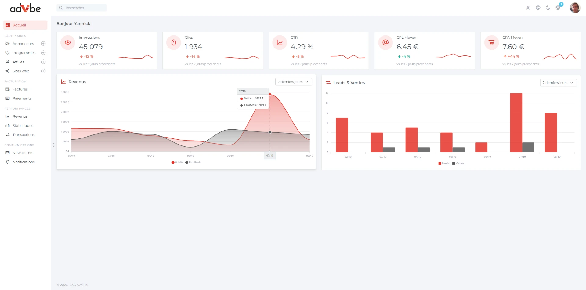 Capture de la démo : tableau de bord avec indicateurs, revenus et leads